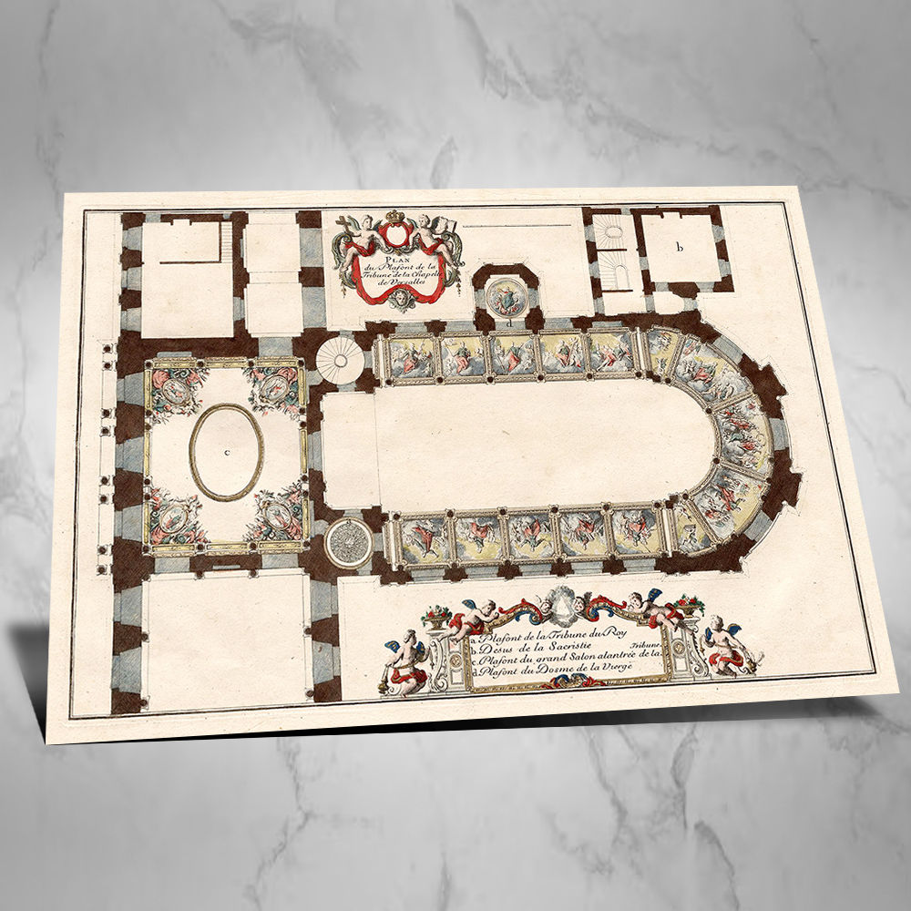 Versalhes raro plano arquitetônico do teto da capela do palácio datado de 1715