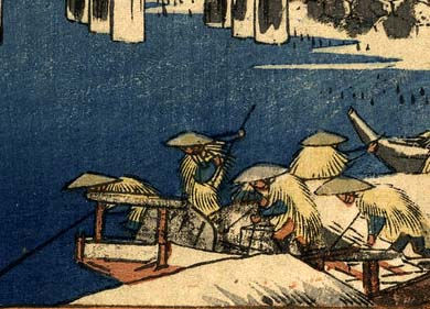Miniatura: Pintura do Monte Fuji com rio e porto com neve datada de 1858