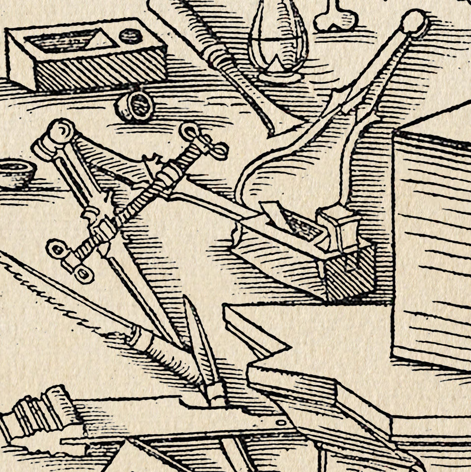 Miniatura: Ferramentas e utensílios de arquiteto, gravura datada de 1548 para decoração