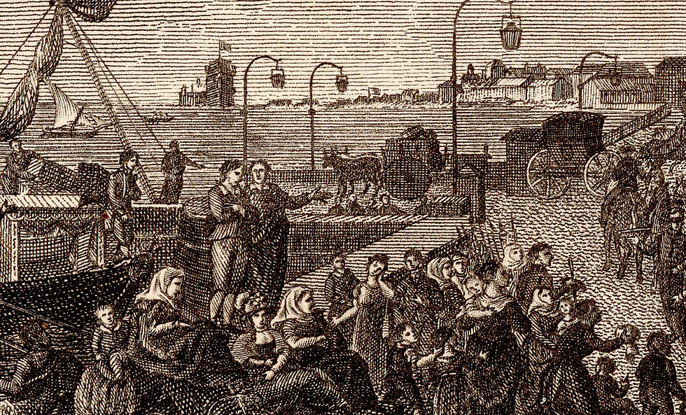 Miniatura: Partida para o Brasil de D. João e comitiva real em 1807 - Gravura de 1819