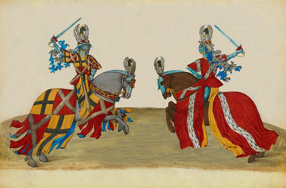Cavaleiros lutando em torneio medieval pintura datada de 1459