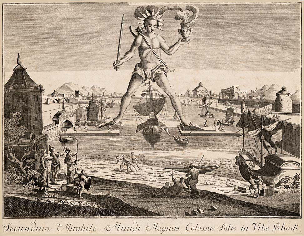 Gravura da cidade de Rodes e o seu mítico Colosso datada de 1770