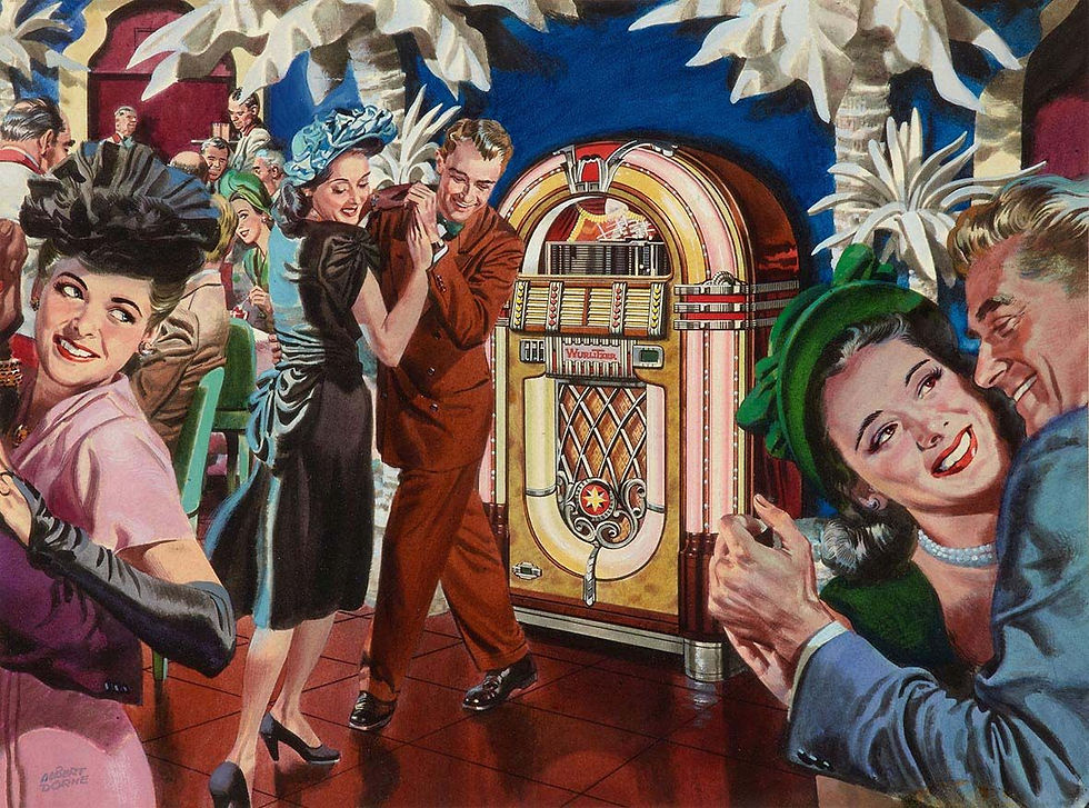 Poster de pessoas dançando com música de uma Jukebox datada 1940