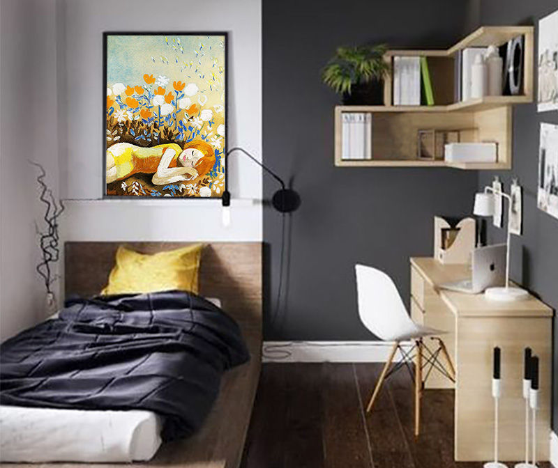 Miniatura: Pintura de jovem dormitando em campo florido para decoração