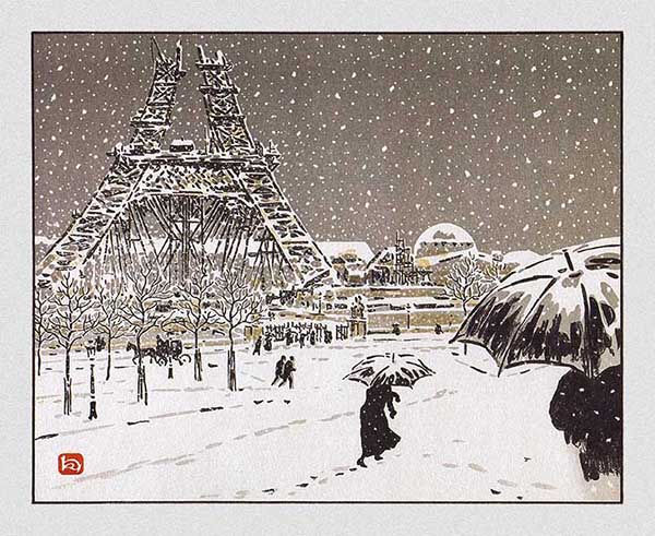 Ilustração da construção da Torre Eiffel em dia de nevão 1887