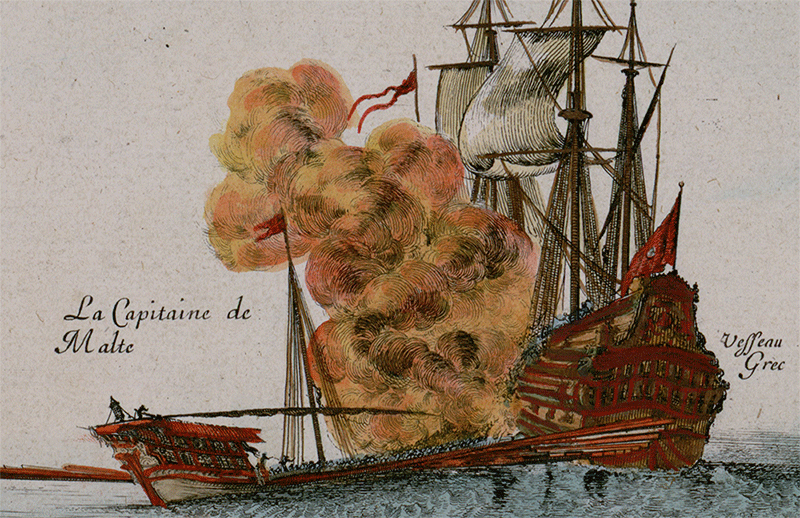 Miniatura: Batalha naval no Mediterraneo datada de 1645