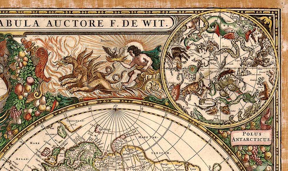 Miniatura: Extraordinário mapa mundo com alegorias datado de 1660