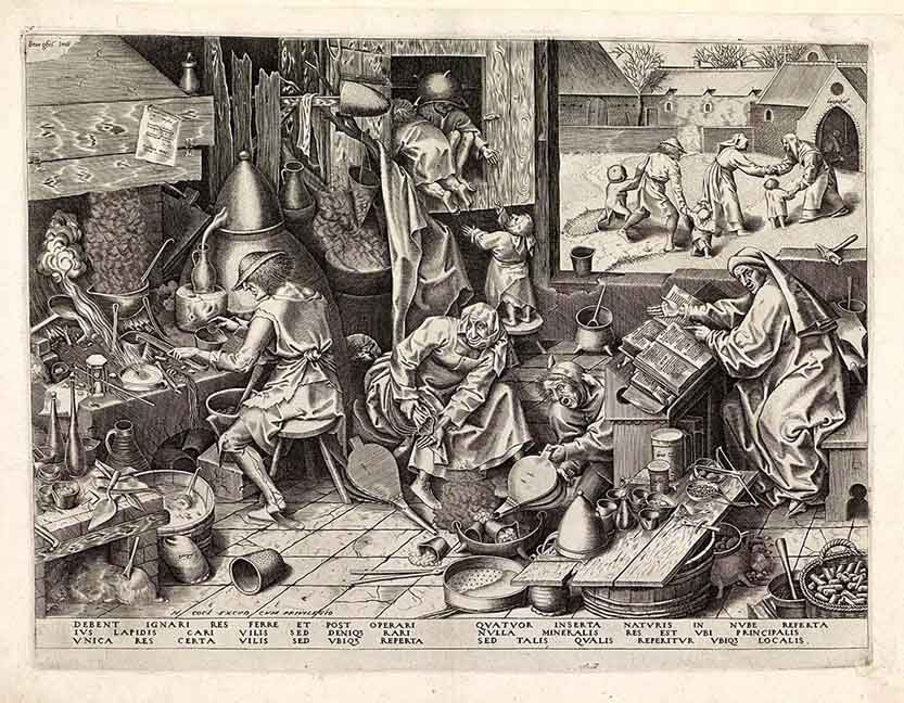 Fantástica e divertida gravura de alquimista datada de 1556
