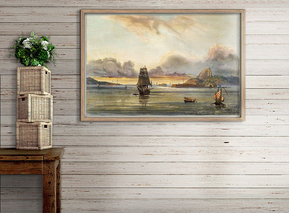 Miniatura: Entrada da Baía de Guanabara com grande veleiro -fantástica pintura de 1837