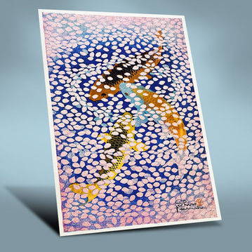 carpas  e  pétalas  de  flores  na  água  pintura  japonesa  de  meados  do  séc  xx