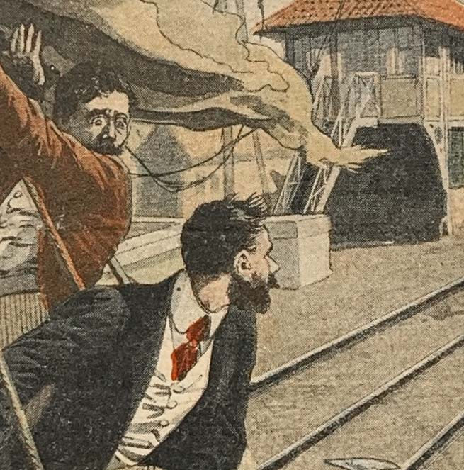 Miniatura: Ilustração de balão caindo sobre via férrea França 1900