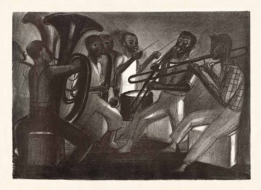 Maravilhoso desenho a carvão de orquestra de jazz datado de 1935