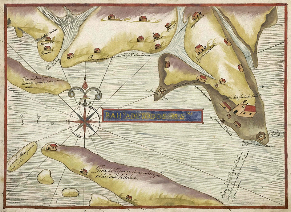 Bahia de todos os Santos - Raríssimo mapa desenhado à mão datado dos anos 1500
