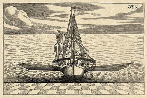 Gravura de uma Galé vista de proa datada do Sec. XVII