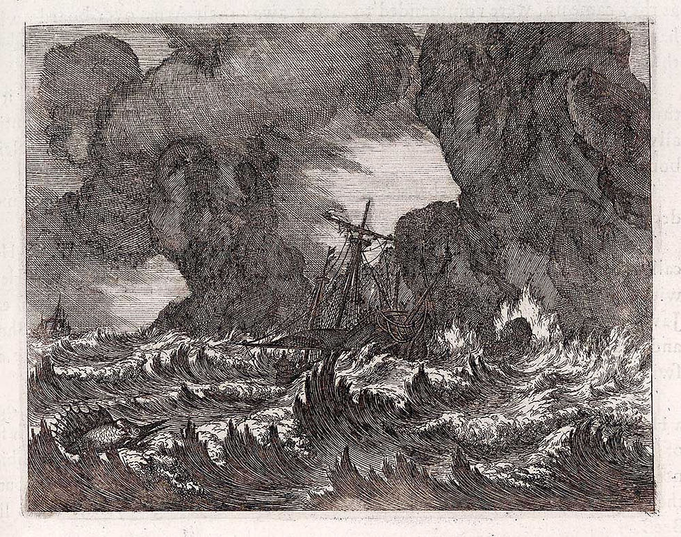 Navio na tempestade gravura do inicio do Sec. XVII