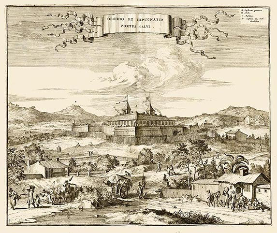 Fantástica gravura do forte de Porto Calvo no estado de Alagoas datada de 1671
