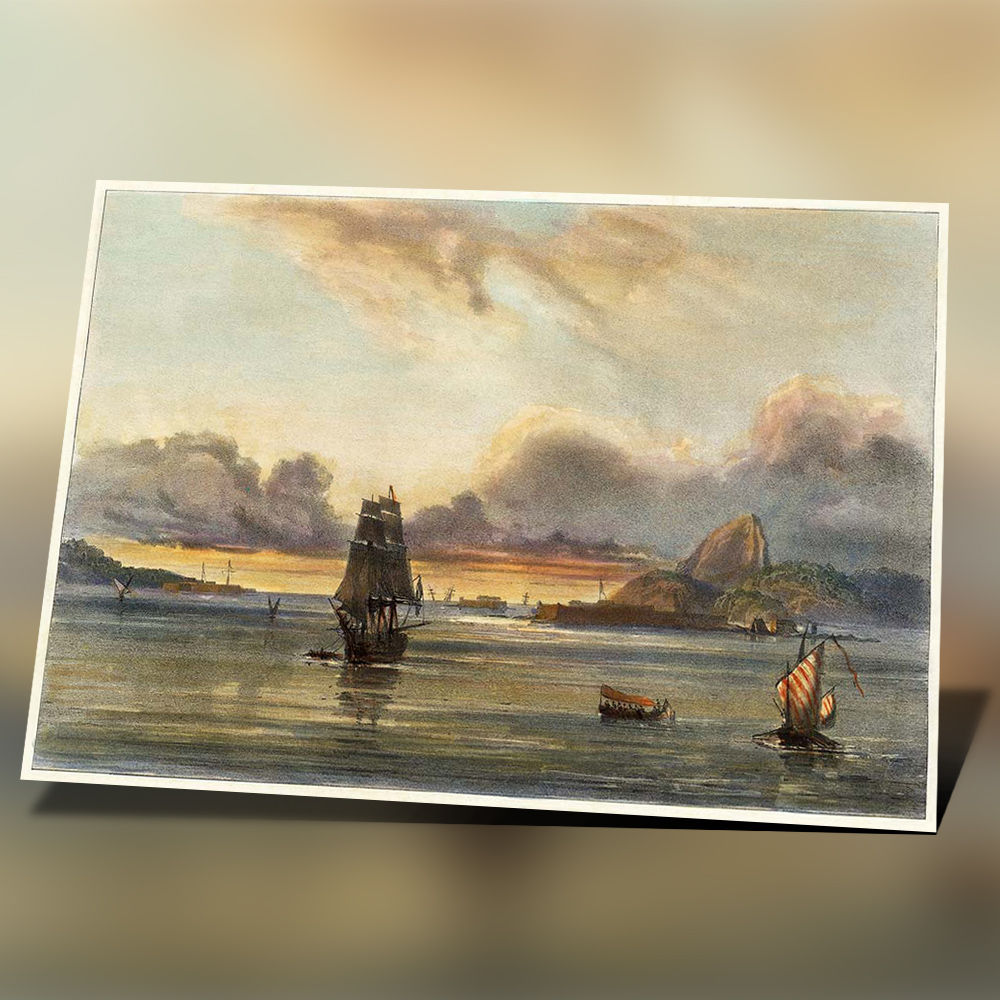 Entrada da Baía de Guanabara com grande veleiro -fantástica pintura de 1837
