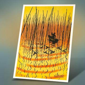 gravura  japonesa  de  pescador  ao  pôr  do  sol