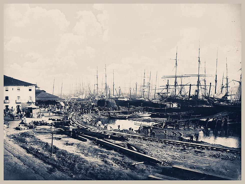 Foto de construção do caminho de ferro no porto de santos no final do Sec. XIX