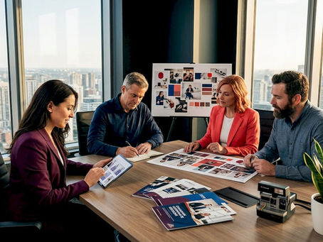 Team collaborating on branding photos in office