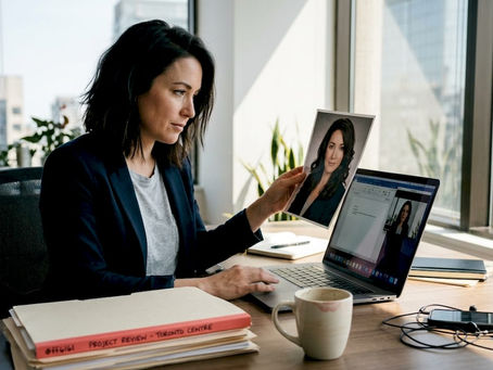 Woman comparing old headshot photo at desk