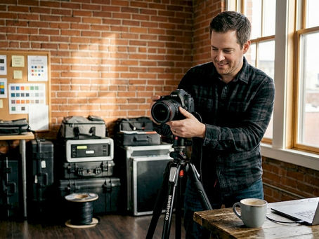 Photographer in Calgary studio adjusting camera