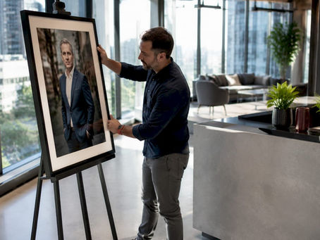 Photographer displaying corporate portrait in office reception
