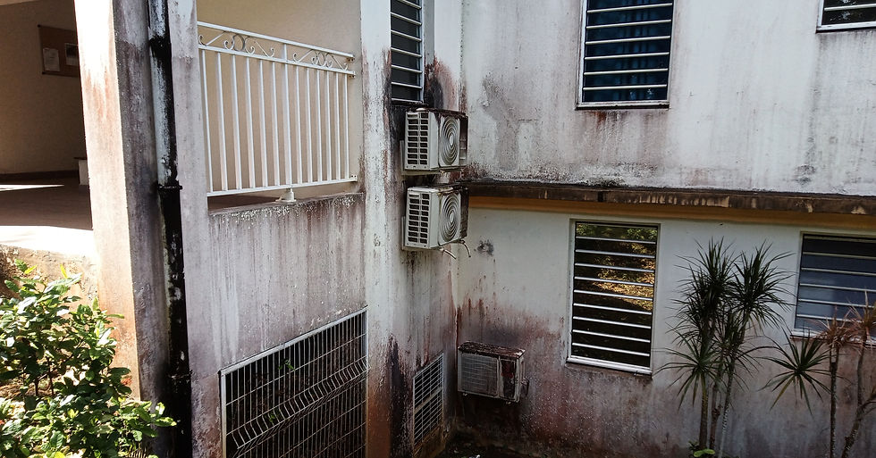 Façade peinte en Guadeloupe avec traces d’humidité nécessitant un nettoyage ou une remise en peinture.