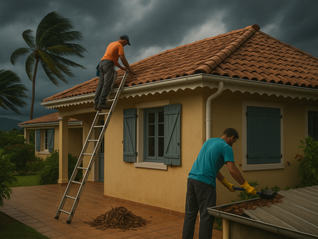 homme inspectant une toiture en guadeloupe en prévision d'un cyclone