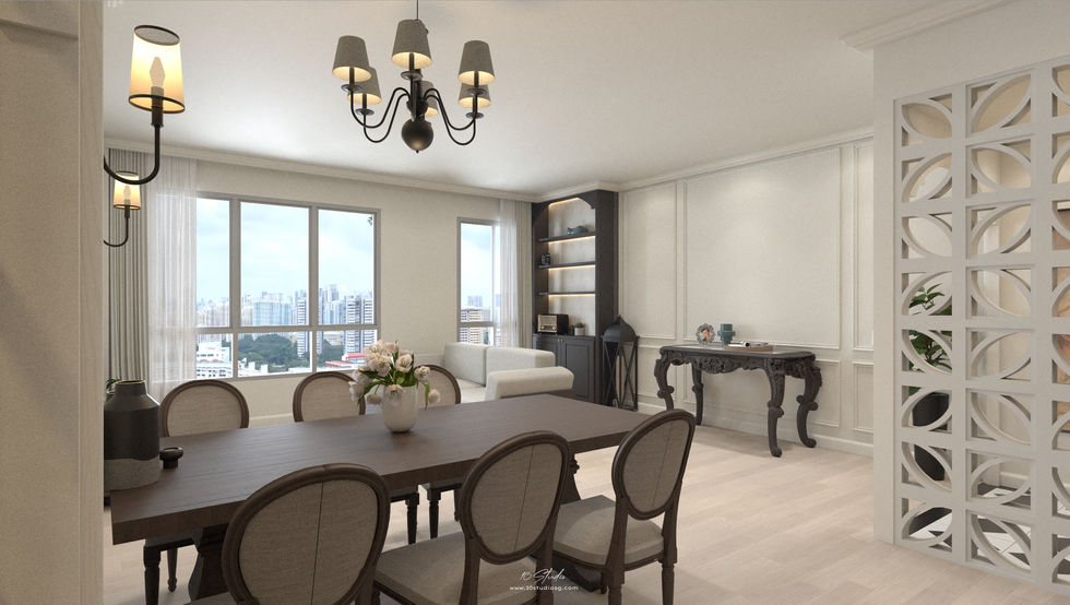 A spacious dining room with a dark wood table and classic chairs. Chandeliers and wall sconces add elegance. A large window offers a cityscape view.