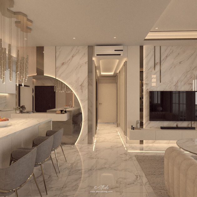 Modern open-plan living room with marble flooring, sleek kitchen island, gray chairs, and contemporary lighting. Neutral tones create a luxurious feel. by 10 studio sg an interior design firm in singapore which specialises in boutique interior designs and main contractor work. Design & build