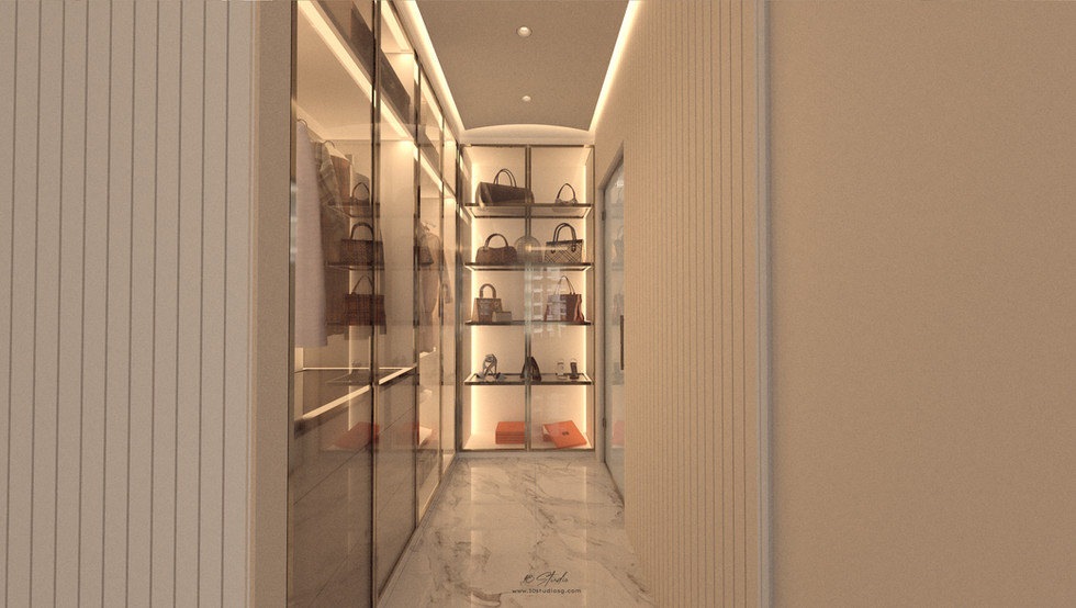 Luxurious walk-in closet with soft lighting, displaying coats, shoes, and handbags. Glass shelves and organized layout create an elegant, cozy ambiance.