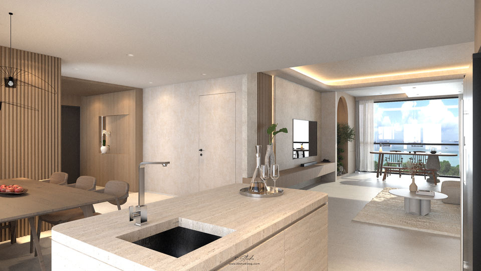 A Wabi-Sabi style 4-room apartment in Shanwei, China, showcasing natural imperfection and simplicity with soft limewash walls, a sculpted alcove for display, and a serene tea room adorned with low wooden furniture, handmade ceramics, and earthy textures that reflect traditional Japanese and Chinese aesthetics.