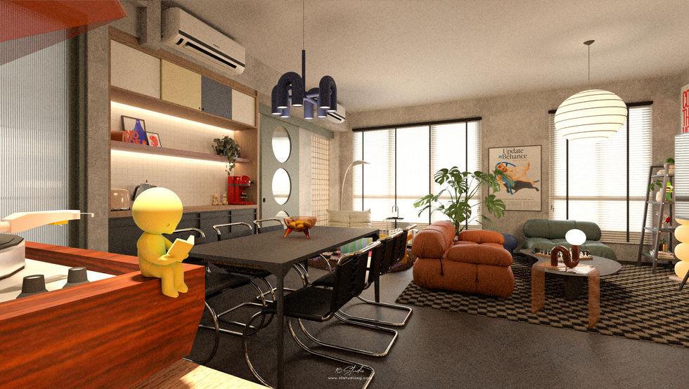 A modern, cozy living room with large windows, stylish furniture, and warm lighting. Includes a black dining table, brown sofa, and potted plant for a welcoming feel.