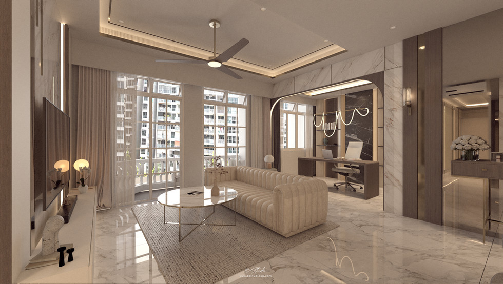 Elegant modern living room with beige tufted sofa, round glass table, and large windows. Neutral tones, marble flooring, and stylish lighting enhance the space.