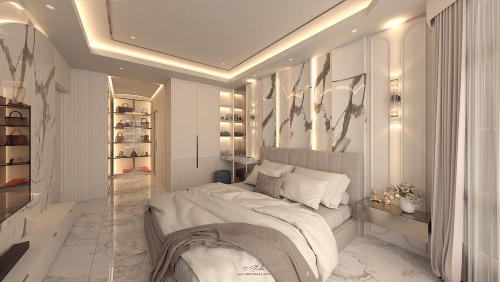 Luxurious bedroom with a king-size bed, elegant marble accents, soft lighting, and modern decor. Neutral tones create a serene and sophisticated ambiance.