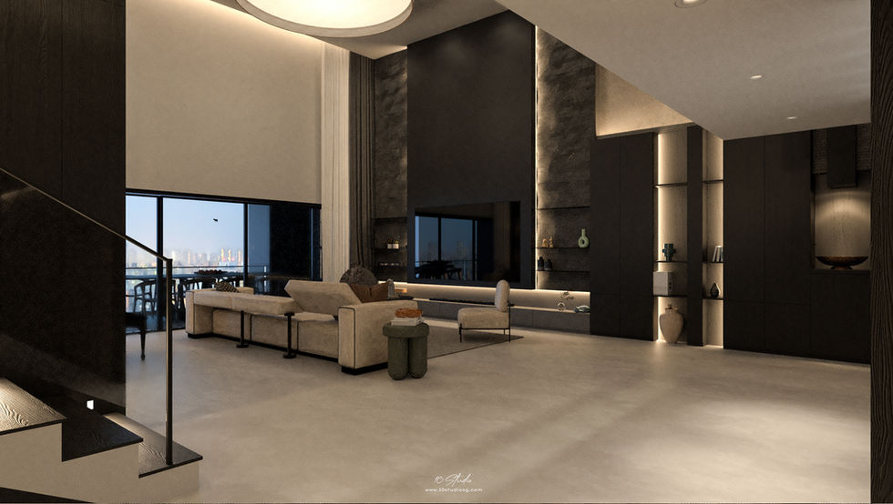 Luxurious modern living room with high ceilings, sleek dark walls, and large windows. Minimalist furniture and warm lighting create an elegant atmosphere.