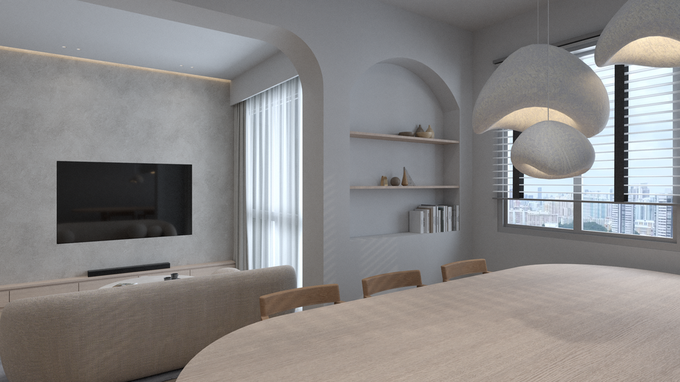 Modern living and dining area with neutral tones. Features a curved sofa, wall-mounted TV, sleek shelves, large oval table, and unique pendant lights.