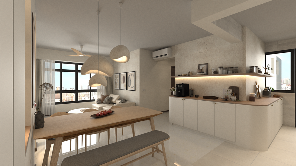 A modern dining and kitchen area with sleek white cabinets, minimalist furniture, pendant lights, and large windows offering natural light and a cozy ambiance.