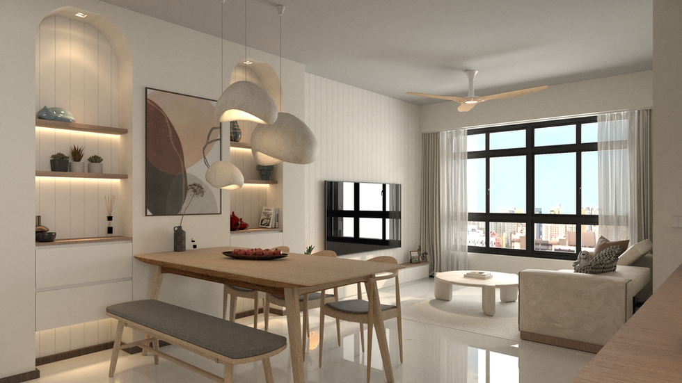 A modern living room and dining area in neutral tones, featuring sleek furniture, large windows, stylish pendant lights, and decorative shelves, creating a cozy, open ambiance.