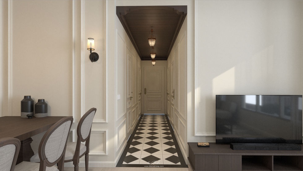 A modern hallway with a checkered black and white floor leads to a distant door. On the left, a dining table; on the right, a flat-screen TV. Minimalist style.