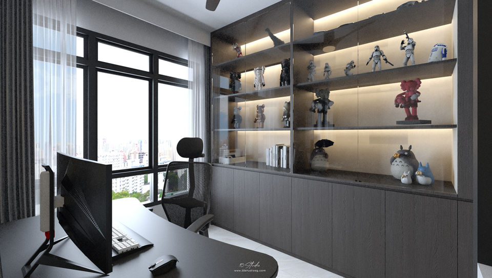 A modern living room with a minimalist design in neutral tones. It features a mounted flat-screen TV, sleek furniture, and an adjacent dining area.  by 10 studio sg