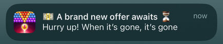 A push notification promoting a time-sensitive offer in Bubble Cash, encouraging players to act fast