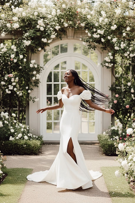 Joyful woman in white off-shoulder gown amidst blooming white roses.