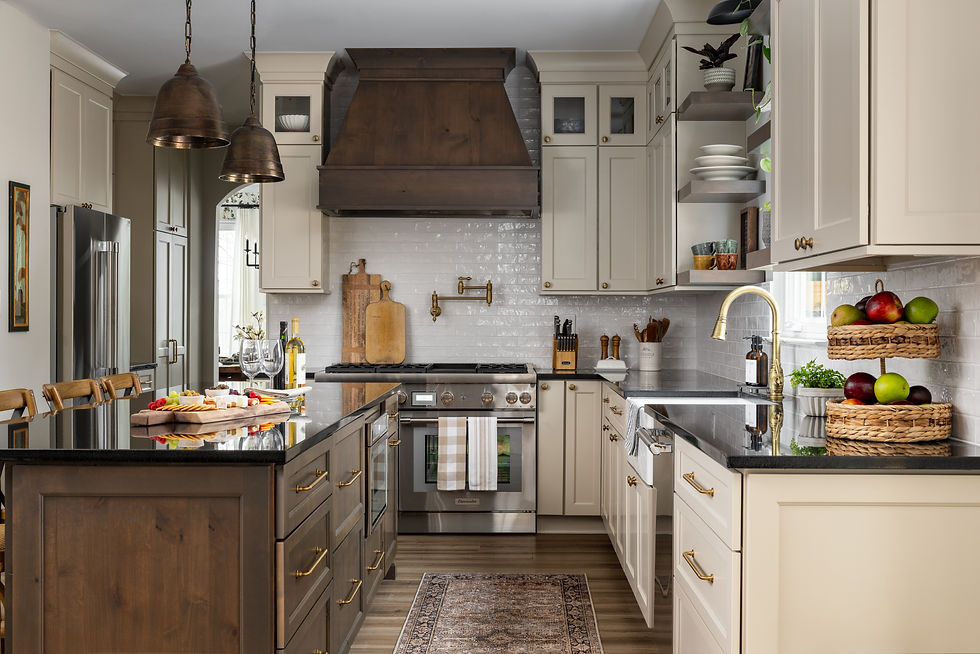 Two-toned kitchen with black countertops and white subway tile backsplash.