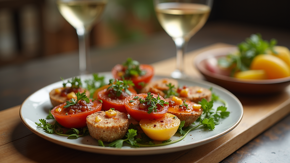 High angle view of a beautifully arranged appetizer platter with wine glasses