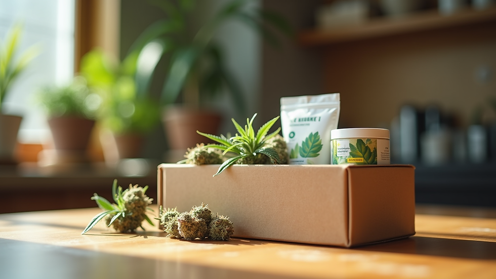 Eye-level view of a delivery box with medical cannabis products on a table