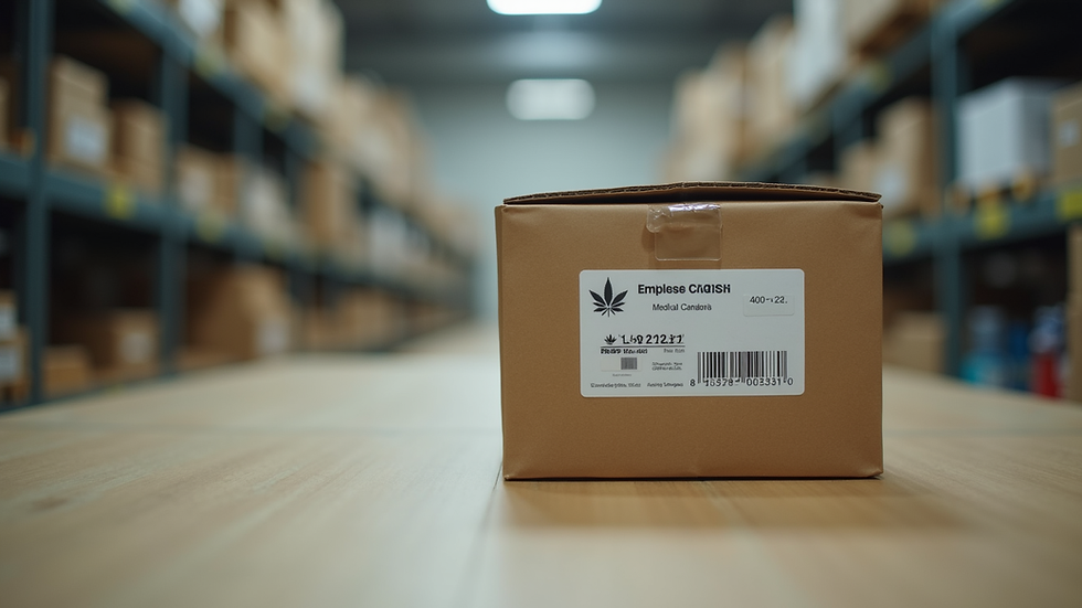 Eye-level view of a package labeled as medical cannabis on a shipping table