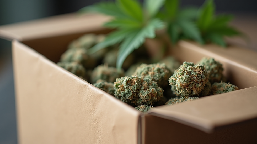 Close-up view of a package with medical cannabis products ready for shipment