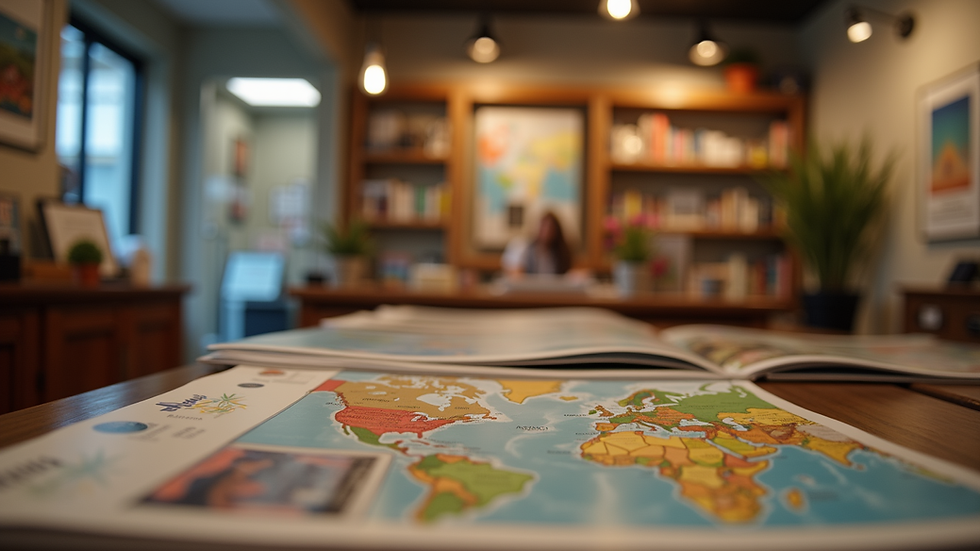 Eye-level view of a cozy travel agency interior with travel brochures